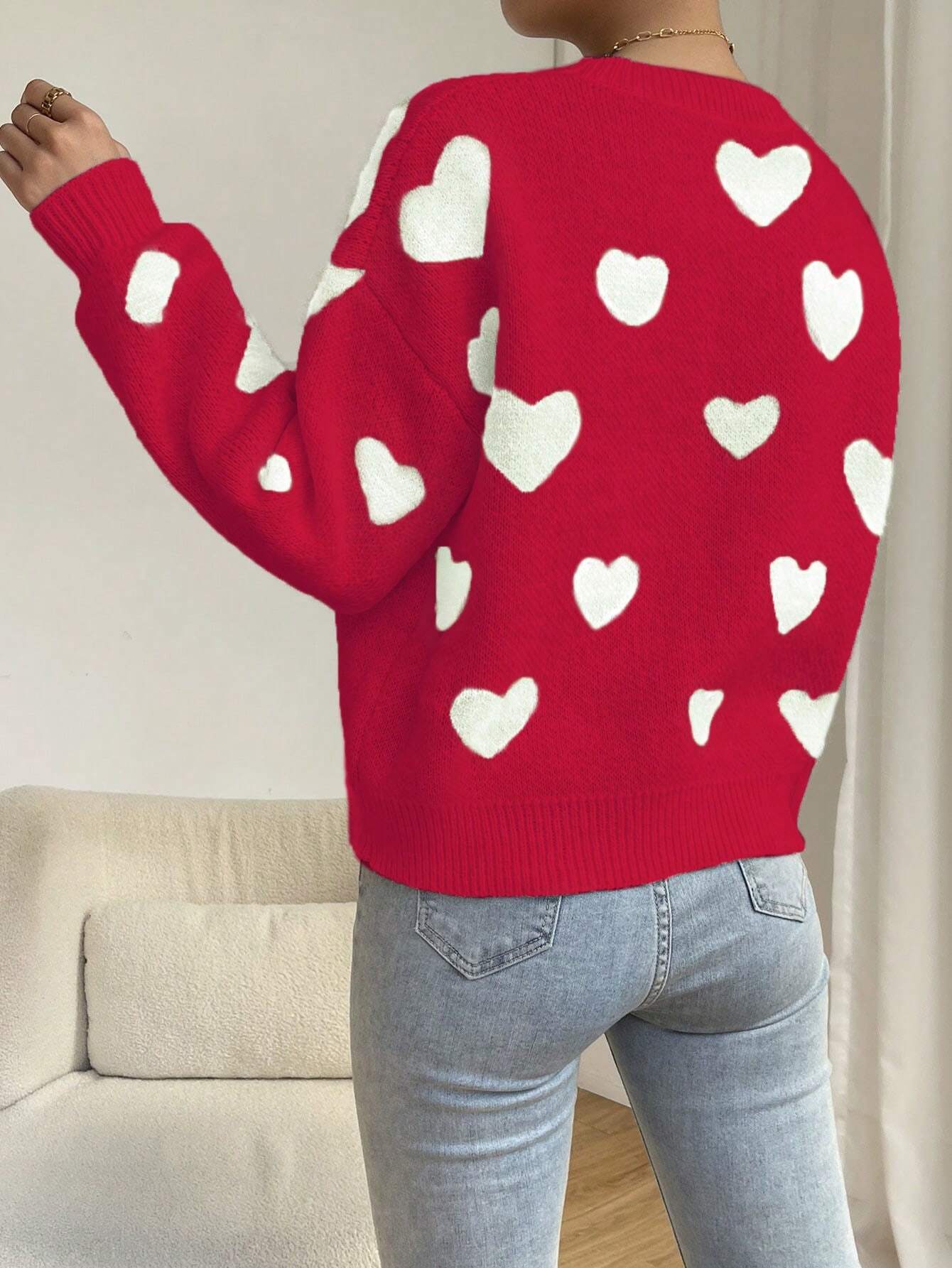 Relaxiva Women Casual Heart Pattern Dropped Shoulder Loose Knit Sweater