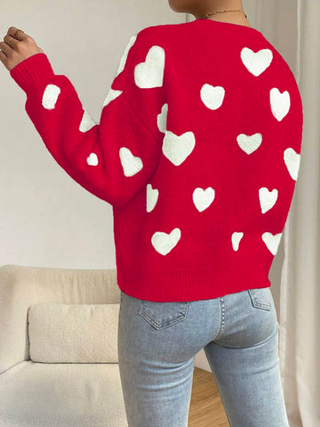 Relaxiva Women Casual Heart Pattern Dropped Shoulder Loose Knit Sweater