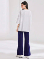 Mulvari Women Spring/Summer Casual Loose Fit Drop Shoulder Short Sleeve Top And Flared Pants Set shein