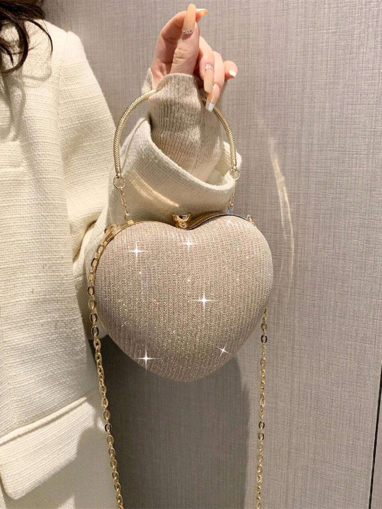 Glamorous Glitter Bling, Sequin, Luxury, Shiny Women's Heart Shaped Rhinestone Evening Clutch Bag shein