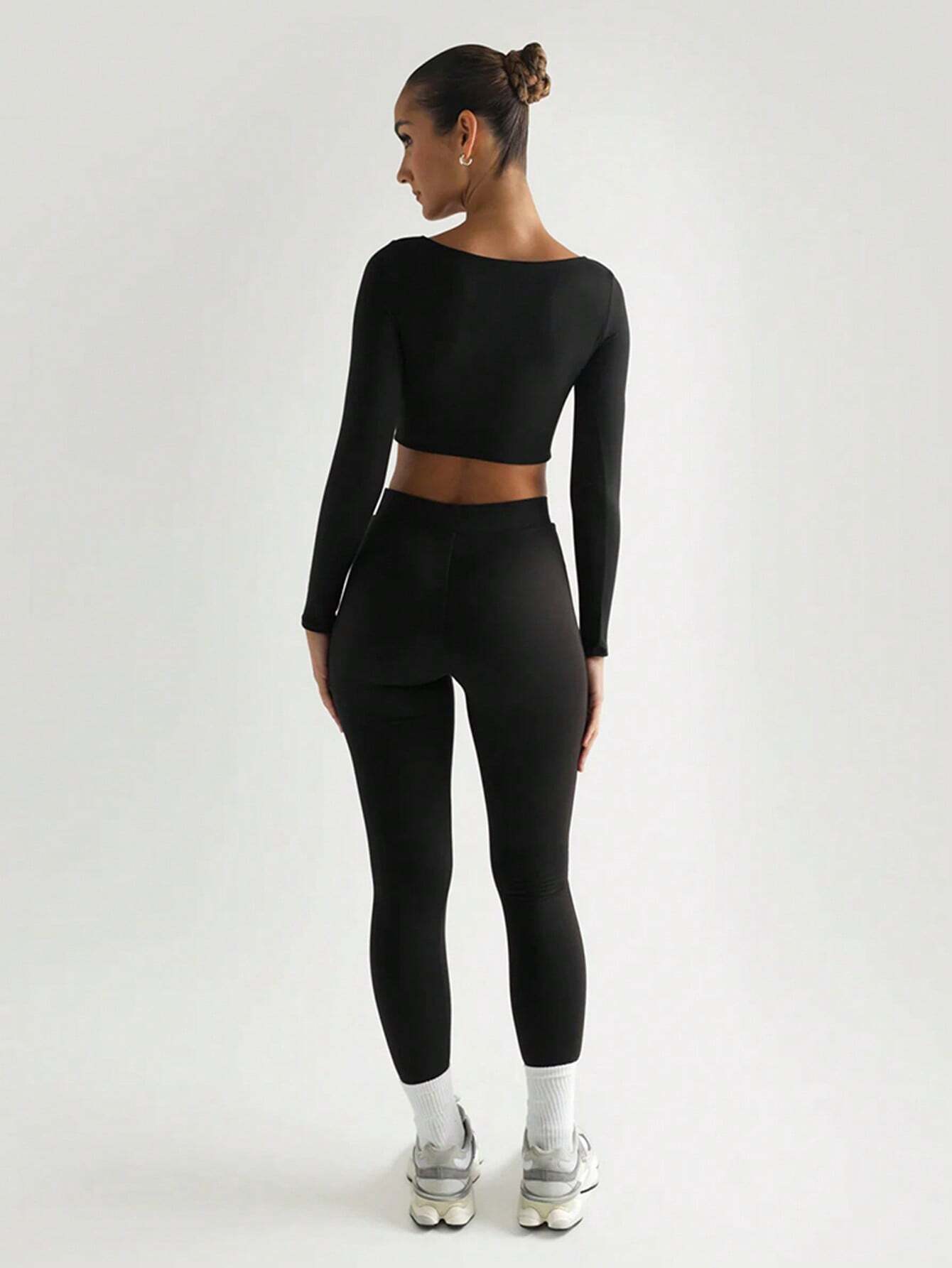 Solid Slim Two Piece Set Casual Long Sleeve Crop Top And Pencil Skinny Pants shein