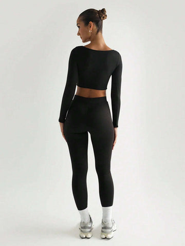 Solid Slim Two Piece Set Casual Long Sleeve Crop Top And Pencil Skinny Pants