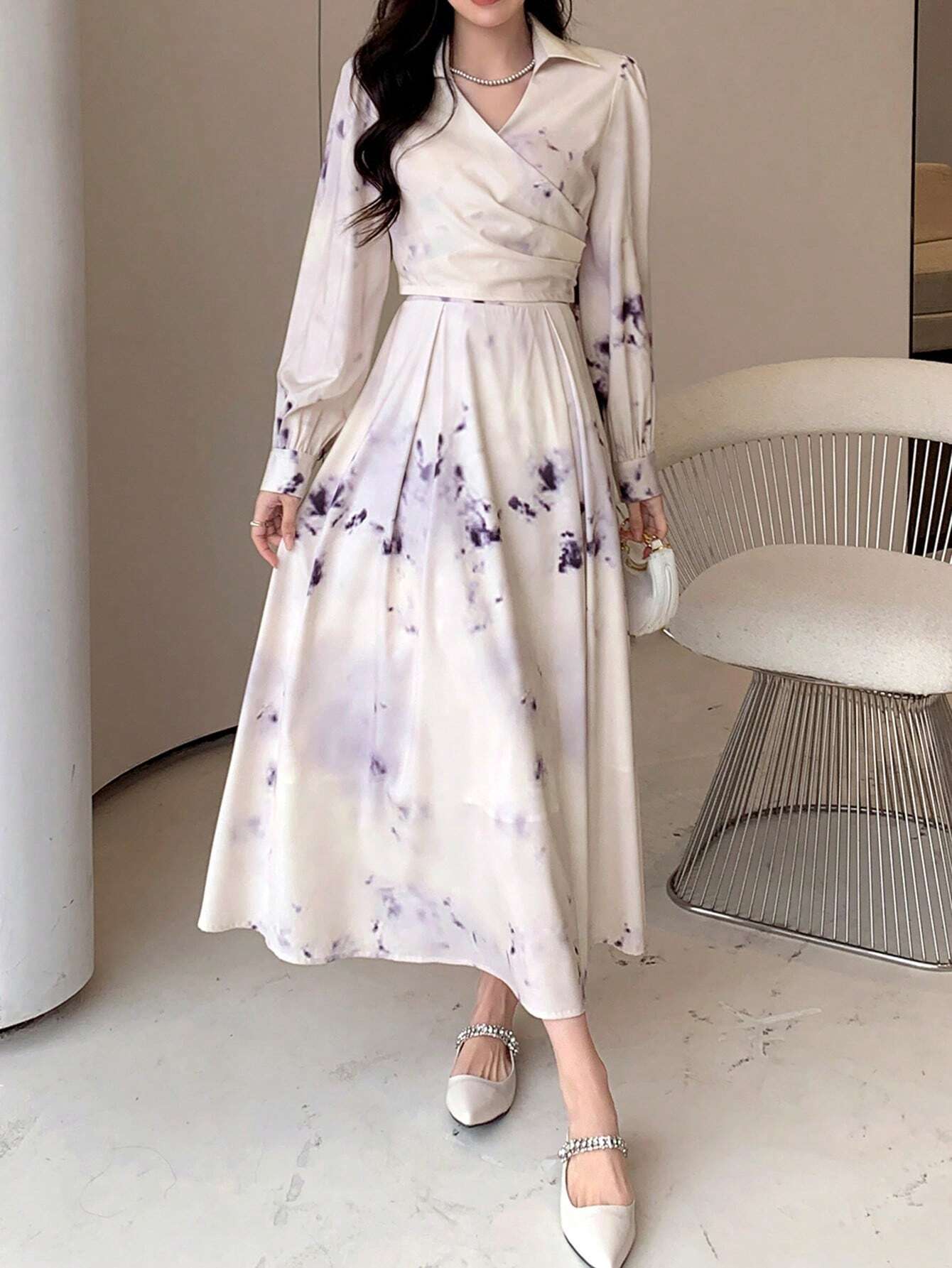 DAZY Women's Elegant Tie Dye Printed Wrap Shirt And Skirt Set shein