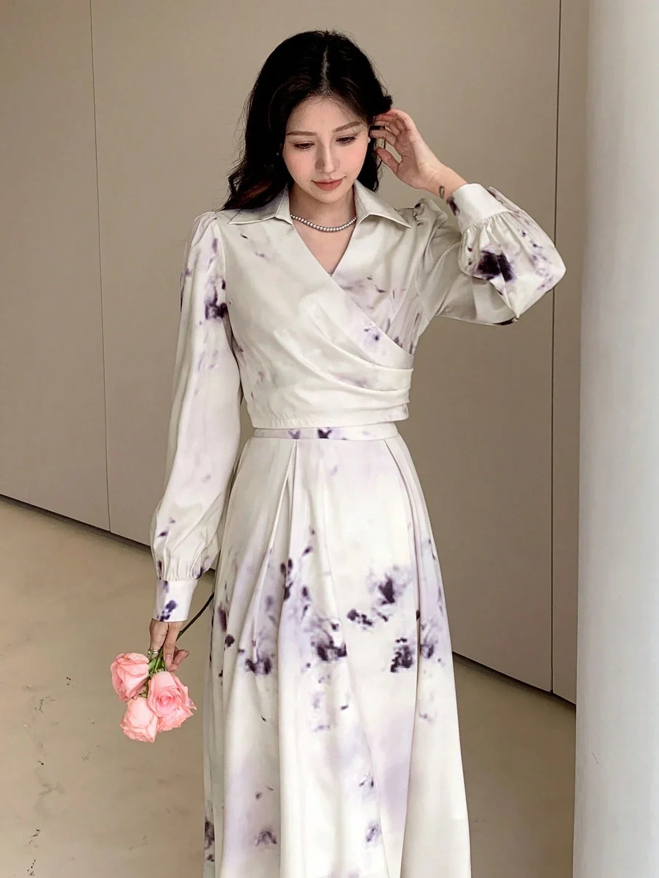 DAZY Women's Elegant Tie Dye Printed Wrap Shirt And Skirt Set shein