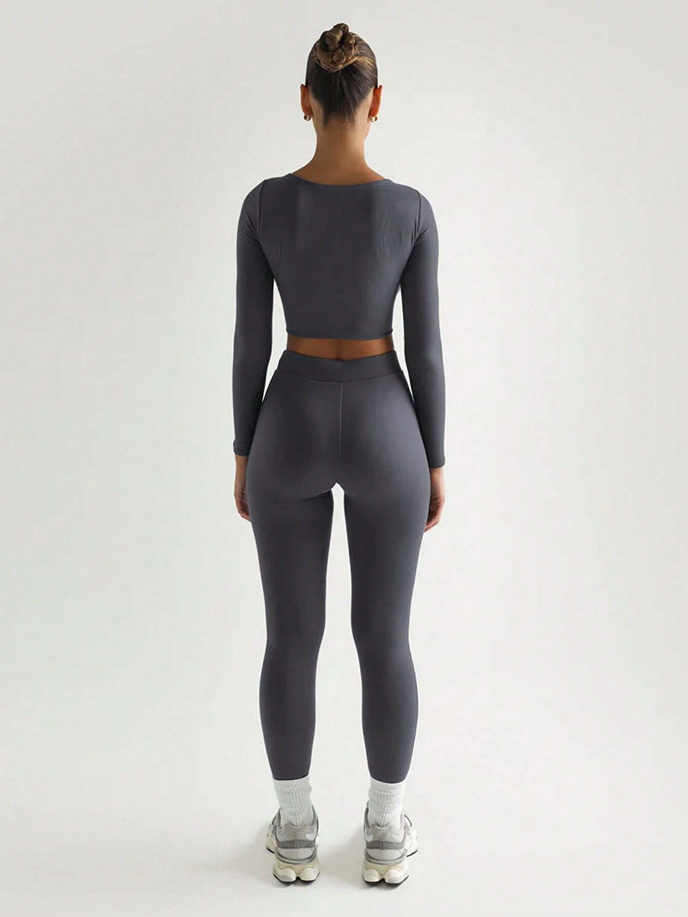 Solid Slim Two Piece Set Casual Long Sleeve Crop Top And Pencil Skinny Pants shein