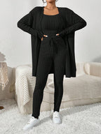 Essnce Women'S Ribbed Cardigan With Long Sleeves, Camisole, Drawstring Waist Pants Set shein