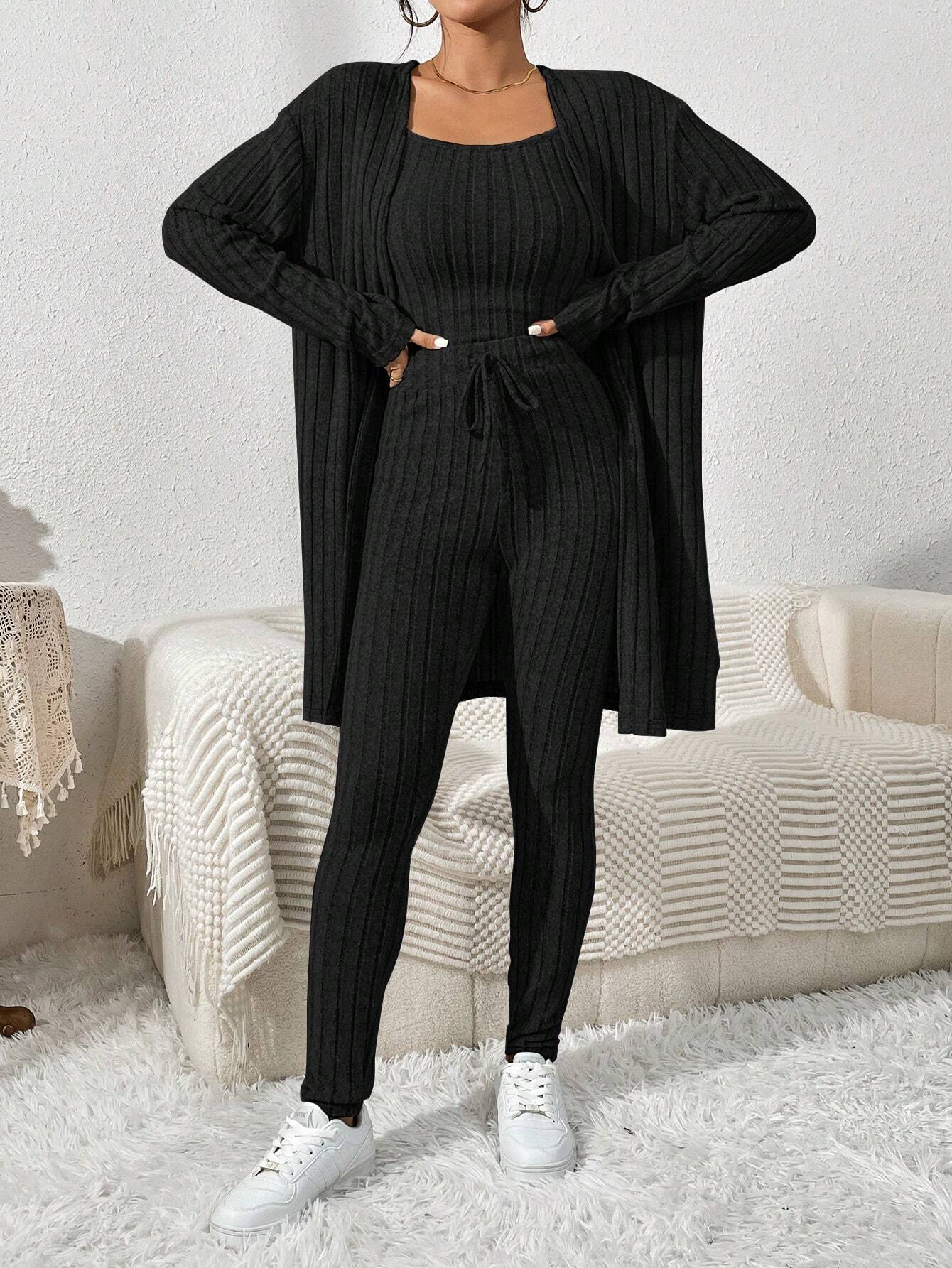 Essnce Women'S Ribbed Cardigan With Long Sleeves, Camisole, Drawstring Waist Pants Set shein