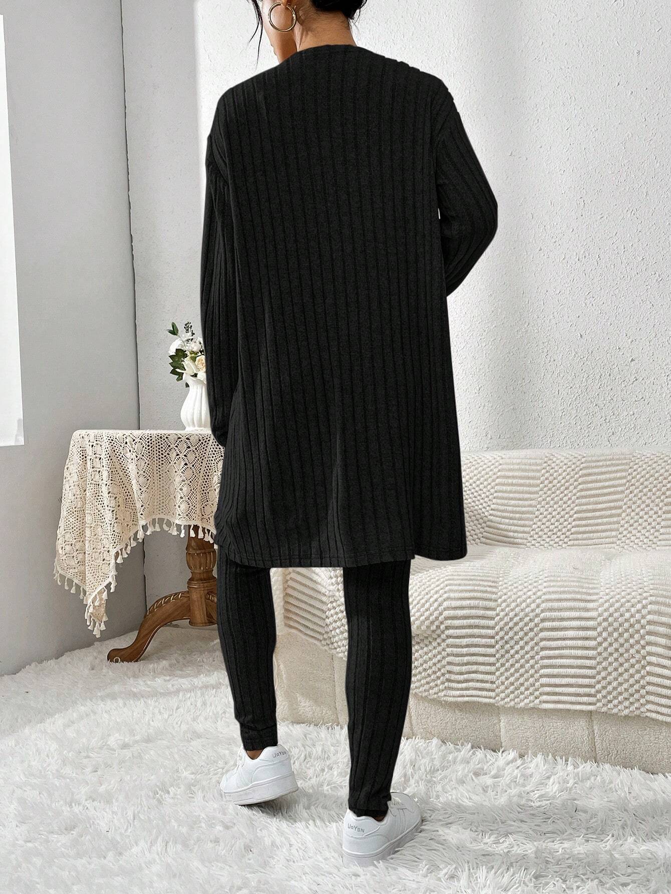 Essnce Women'S Ribbed Cardigan With Long Sleeves, Camisole, Drawstring Waist Pants Set shein