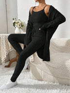 Essnce Women'S Ribbed Cardigan With Long Sleeves, Camisole, Drawstring Waist Pants Set shein