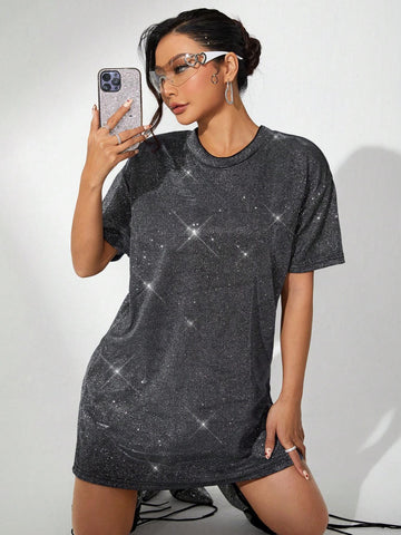 ICON Silver Drop Shoulder Glitter Concert Outfits Tee Dress shein