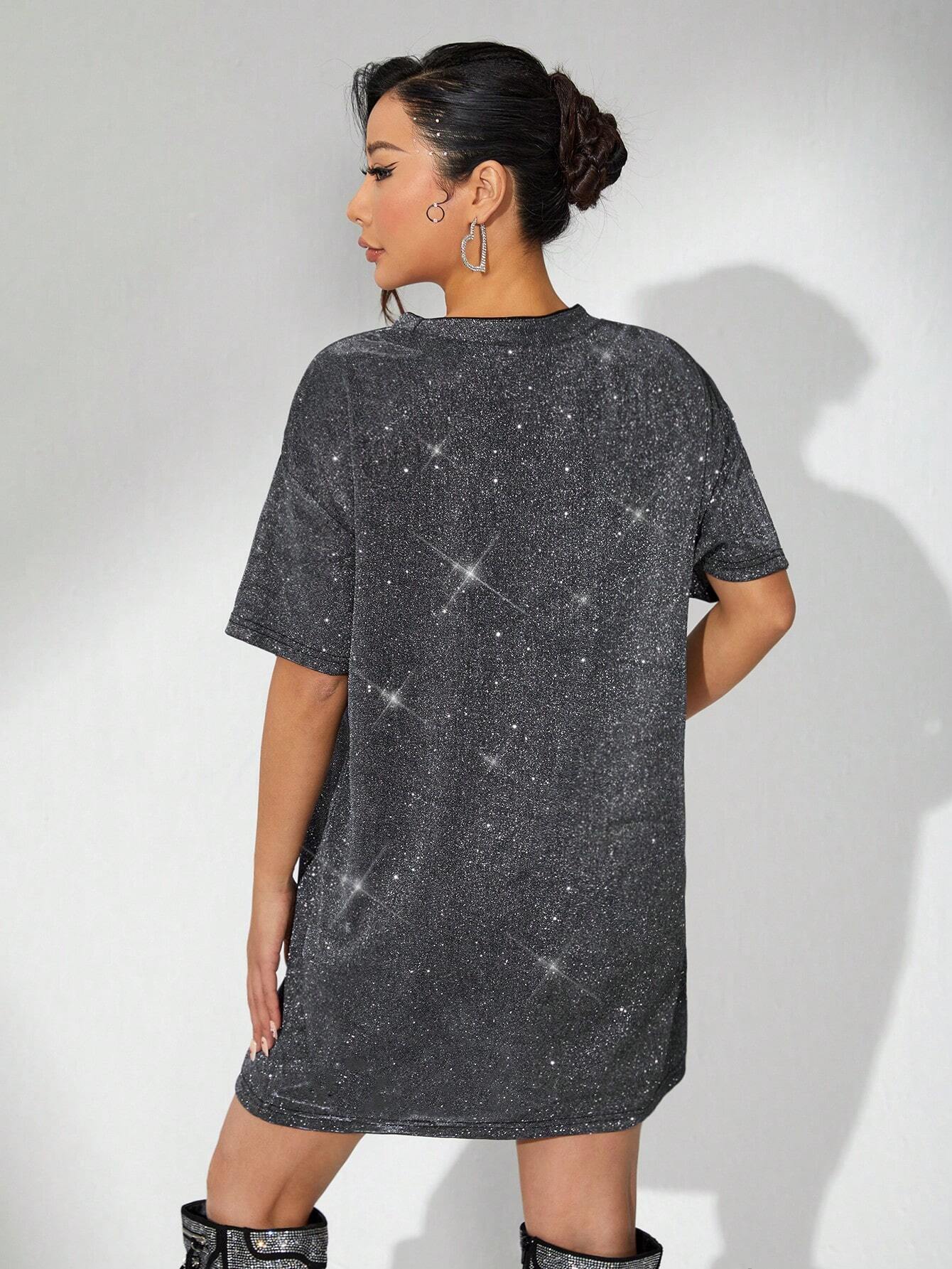 ICON Silver Drop Shoulder Glitter Concert Outfits Tee Dress shein