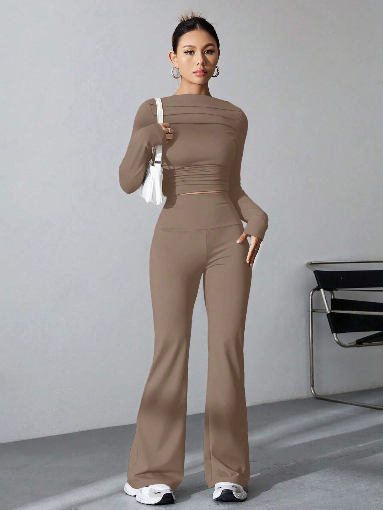 EZwear Women's Pleated Slim Fit Top And Flared Pants Two Piece Set shein