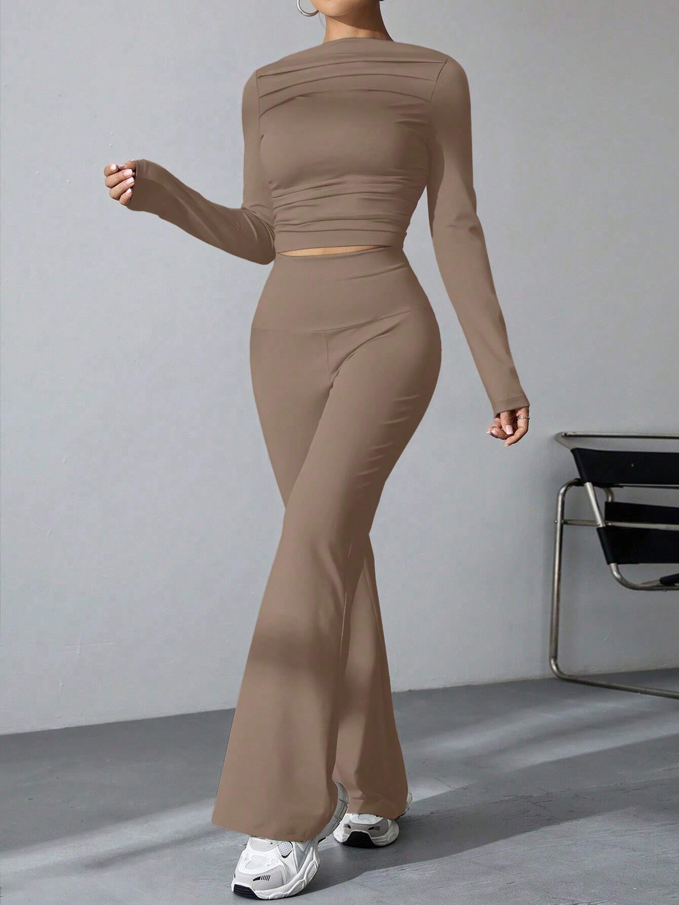 EZwear Women's Pleated Slim Fit Top And Flared Pants Two Piece Set shein
