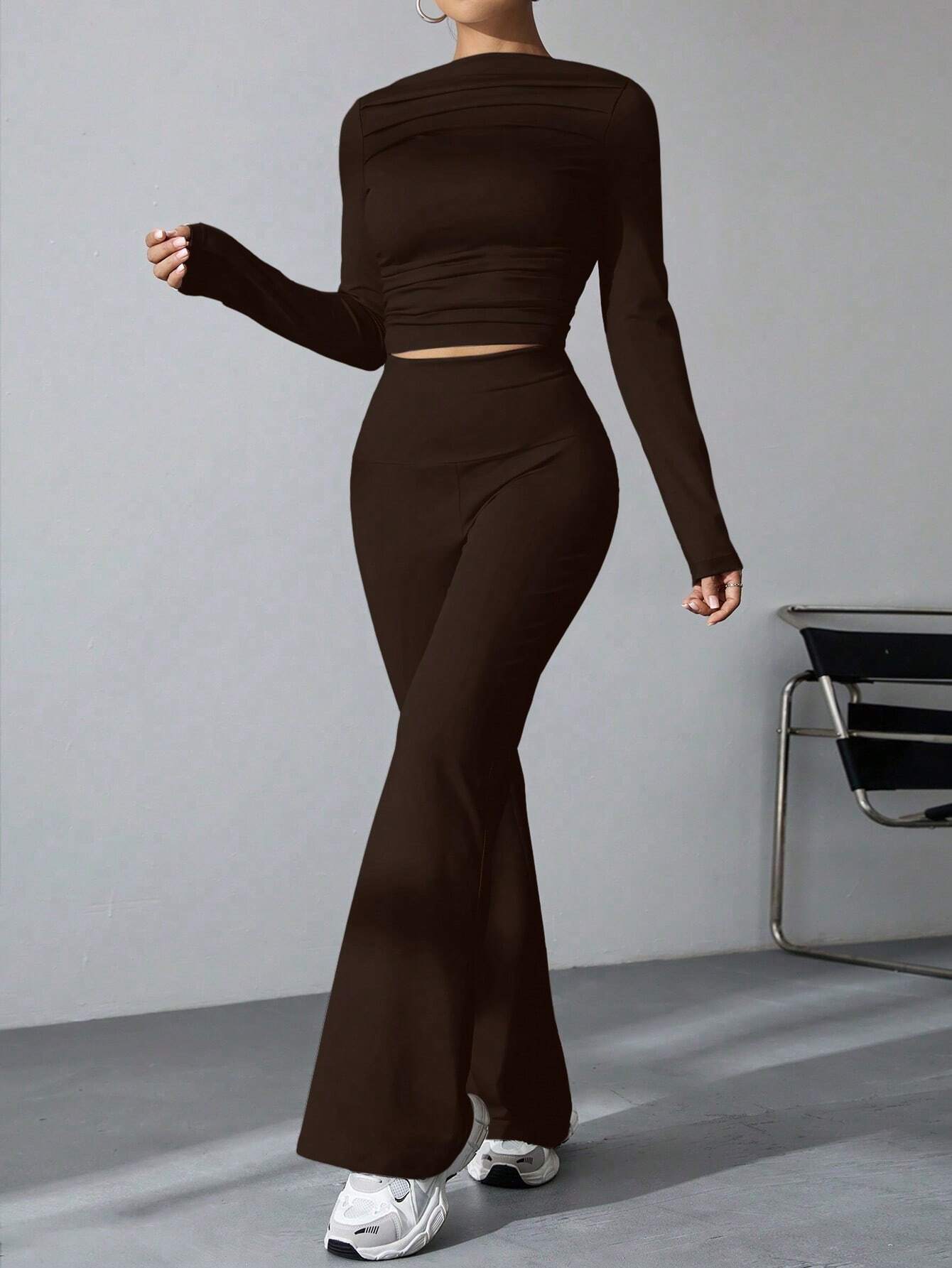 EZwear Women's Pleated Slim Fit Top And Flared Pants Two Piece Set shein