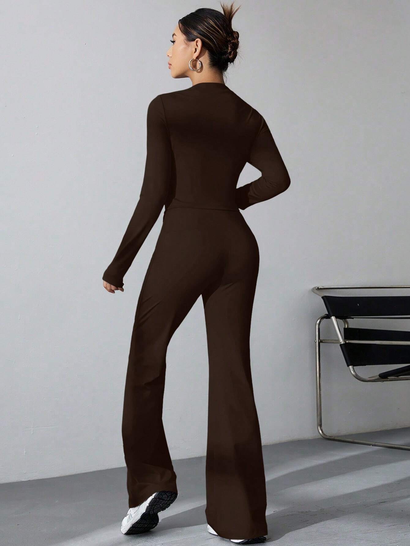 EZwear Women's Pleated Slim Fit Top And Flared Pants Two Piece Set shein