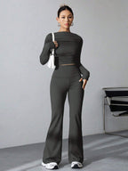 EZwear Women's Pleated Slim Fit Top And Flared Pants Two Piece Set shein
