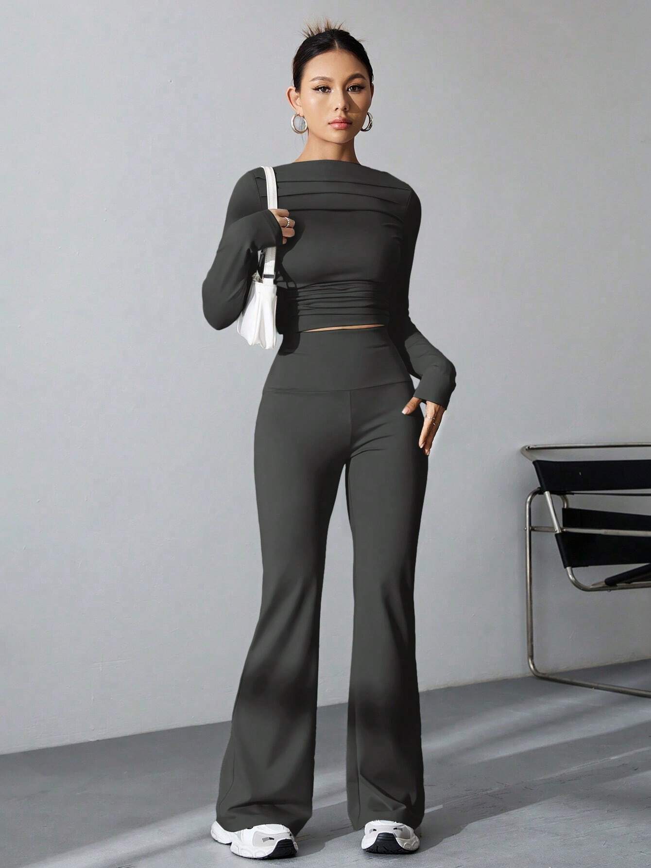 EZwear Women's Pleated Slim Fit Top And Flared Pants Two Piece Set shein