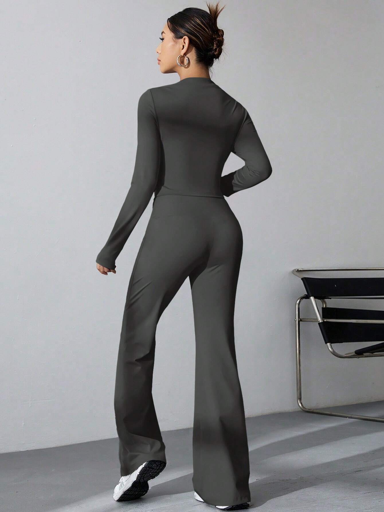 EZwear Women's Pleated Slim Fit Top And Flared Pants Two Piece Set shein