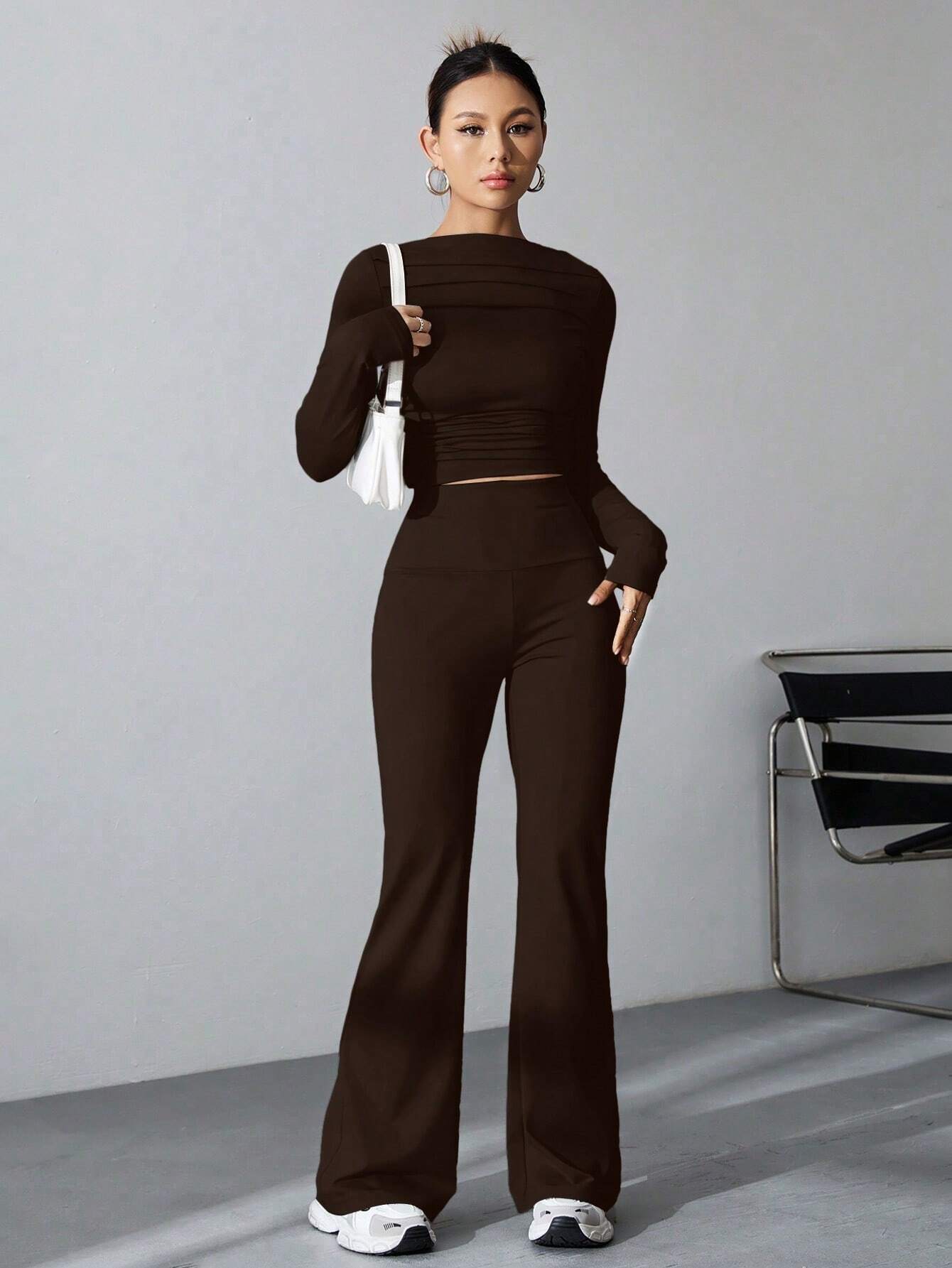 EZwear Women's Pleated Slim Fit Top And Flared Pants Two Piece Set shein