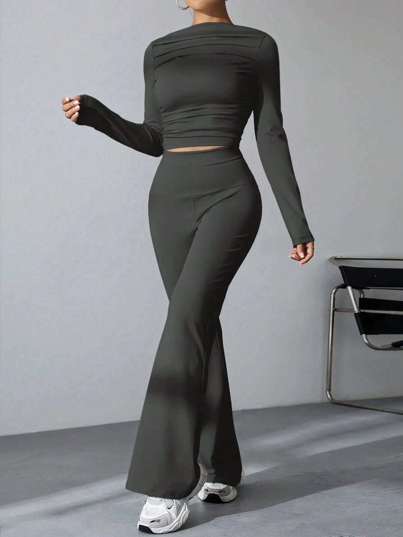 EZwear Women's Pleated Slim Fit Top And Flared Pants Two Piece Set shein