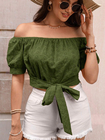 LUNE Women'S Knot Front Off Shoulder Short Sleeve Shirt