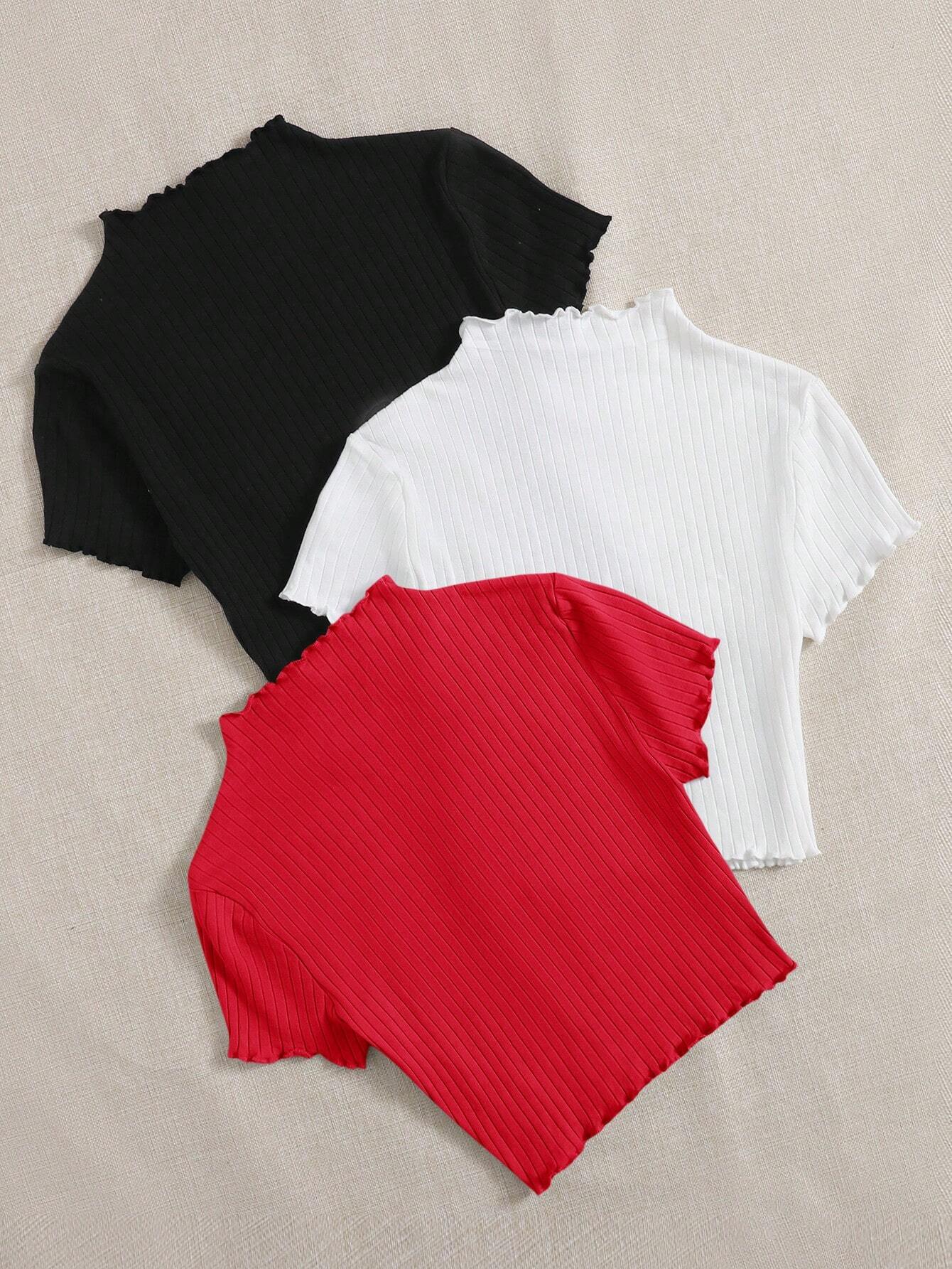 EZwear 3pcs Raw Edge Stand Collar T-Shirts shein