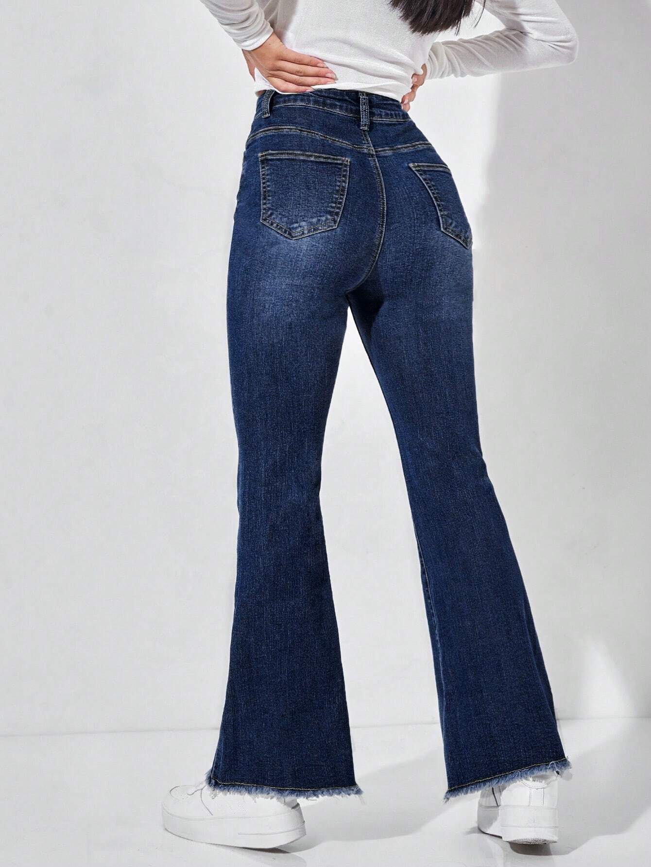 PETITE High Waist Raw Hem Flare Leg Jeans shein