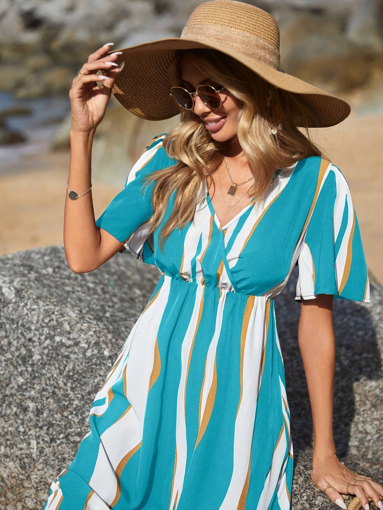VCAY Women'S Colorblock Printed Summer Dress Shein