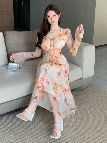 DAZY Women V-Neck Floral Printed Long Sleeve Chiffon Dress With Waist Tie shein