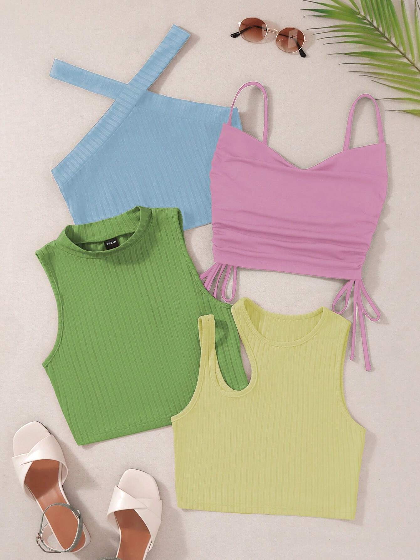 EZwear 4Pcs Solid Drawstring Side Tank Top Beach Tops shein