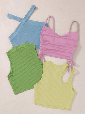 EZwear 4Pcs Solid Drawstring Side Tank Top Beach Tops shein