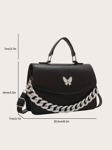 Minimalist Solid Color Thick Chain Shoulder Bag With Bow Design shein