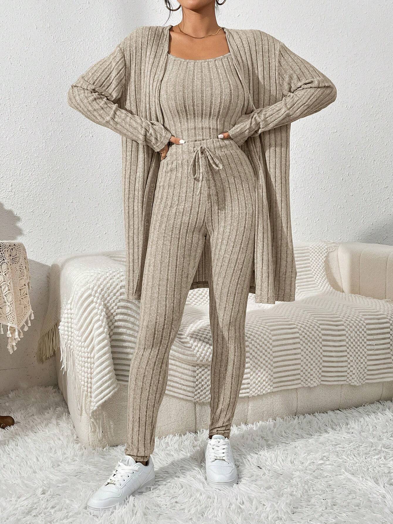 Essnce Women'S Ribbed Cardigan With Long Sleeves, Camisole, Drawstring Waist Pants Set shein