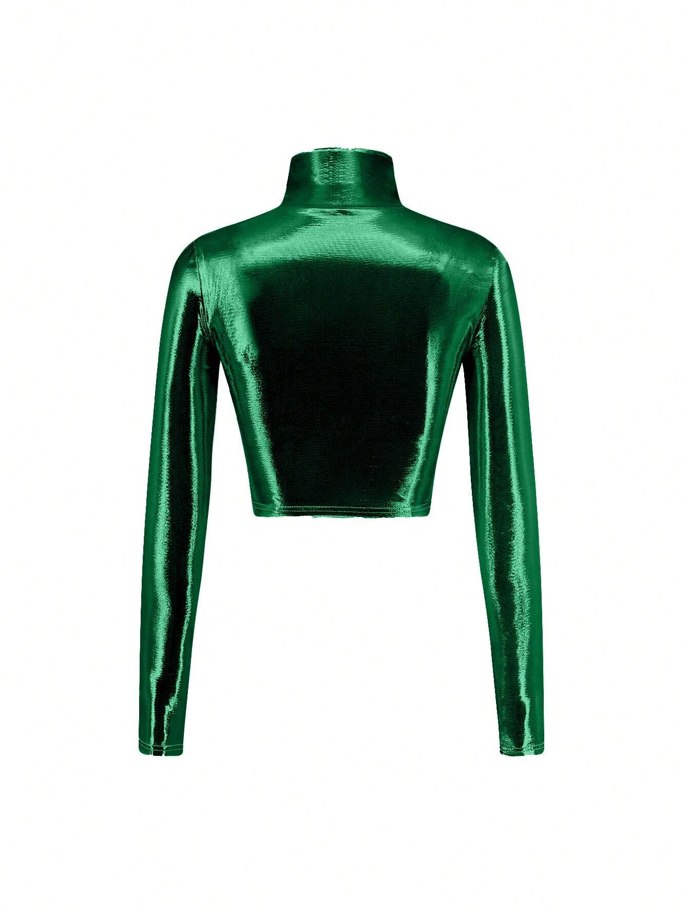 ICON Glossy Coated Turtleneck Long Sleeve Skinny T-Shirt shein