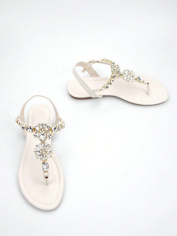 Women Rhinestone Decor Ankle Strap Thong Sandals