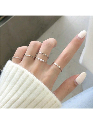 5pcs/Set Faux Pearl & Gold Tone Bohemian Style Women's Rings shein