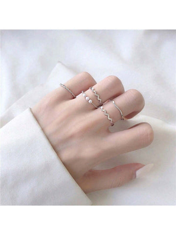 5pcs/Set Faux Pearl & Gold Tone Bohemian Style Women's Rings shein