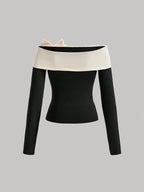MOD Night Outfit Color Block Bow Decorated Off Shoulder T-Shirt shein