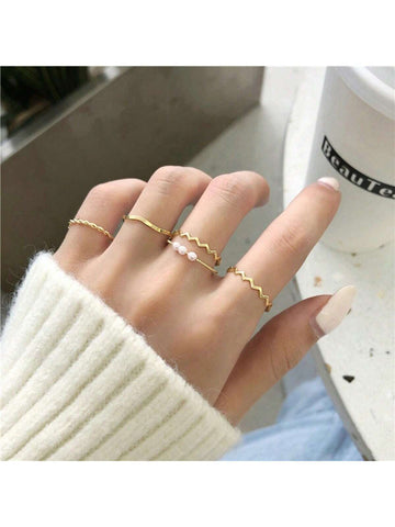 5pcs/Set Faux Pearl & Gold Tone Bohemian Style Women's Rings shein