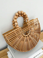 Fashionable Large Capacity Bamboo Woven & Wooden Beaded Handbag With Hollow Design shein
