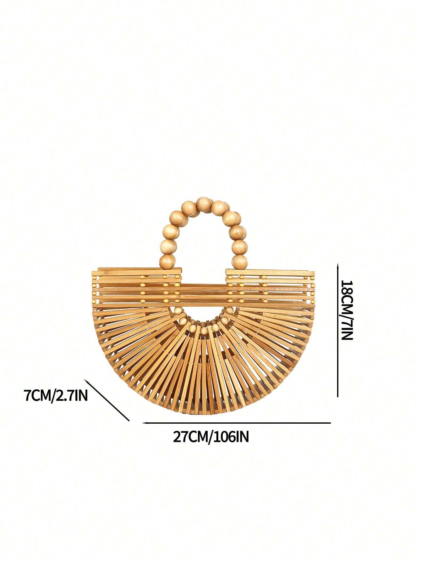 Fashionable Large Capacity Bamboo Woven & Wooden Beaded Handbag With Hollow Design shein