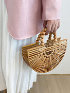 Fashionable Large Capacity Bamboo Woven & Wooden Beaded Handbag With Hollow Design shein