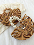 Fashionable Large Capacity Bamboo Woven & Wooden Beaded Handbag With Hollow Design shein