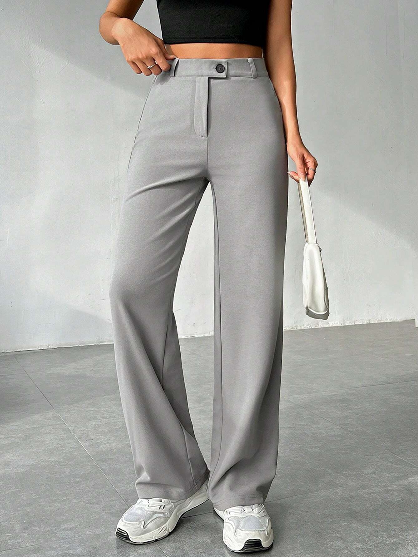 EZwear Women's Solid Color Straight Leg Casual Pants shein