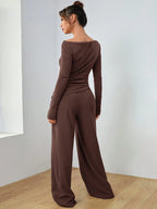 EZwear Knitted Women's Slim Fit Boat Neck Long Sleeve Top And Wide Leg Pants Set shein