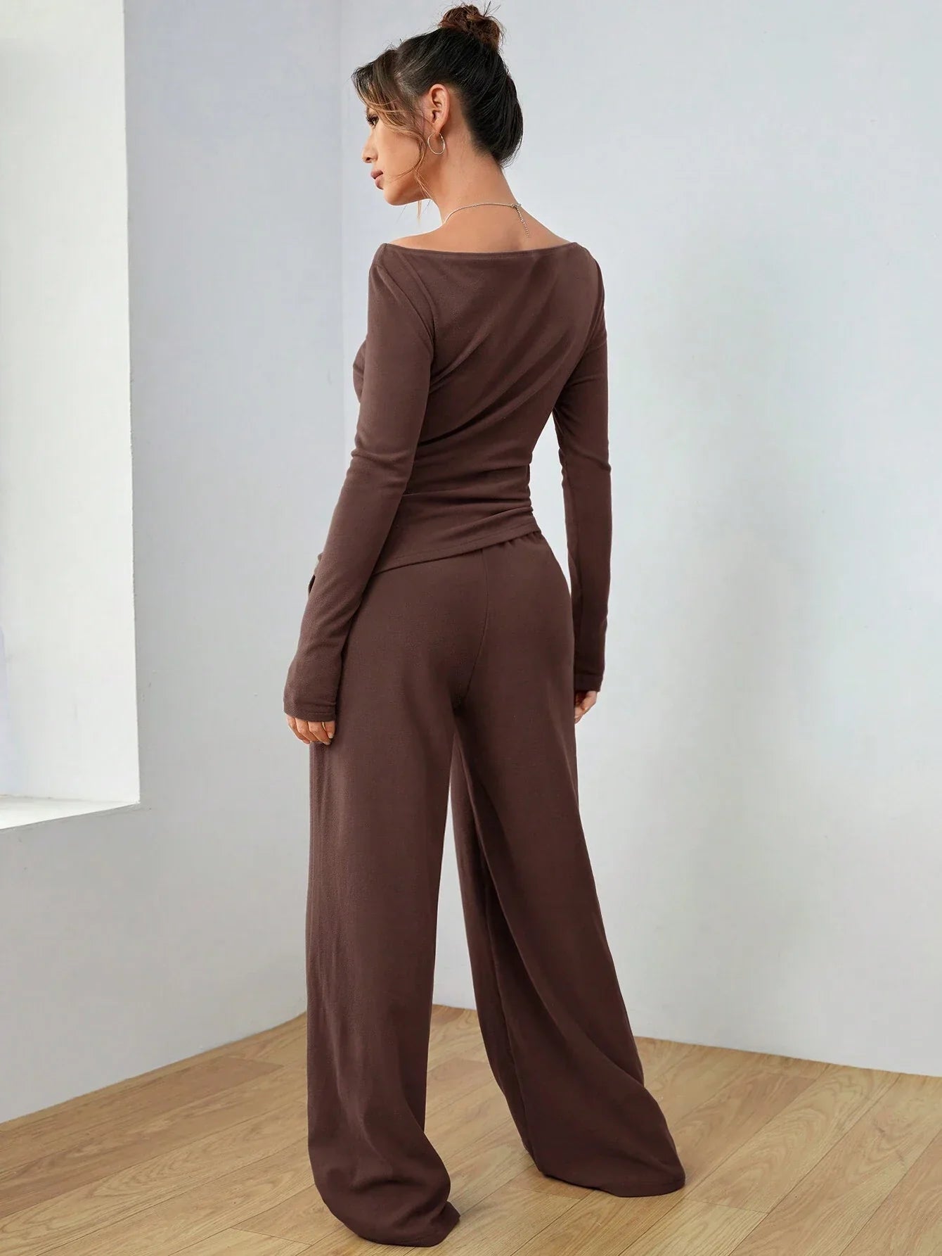 EZwear Knitted Women's Slim Fit Boat Neck Long Sleeve Top And Wide Leg Pants Set shein