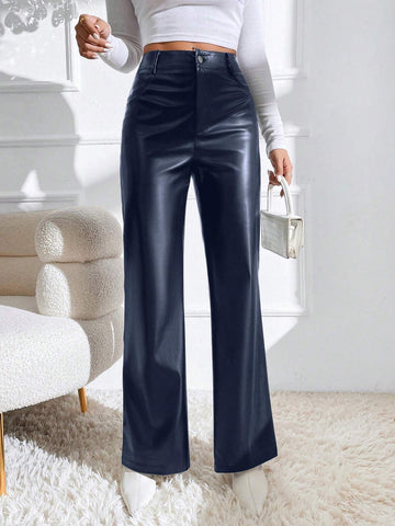 X Sanya Zipper Fly PU Flare Leg Dress Pants shein