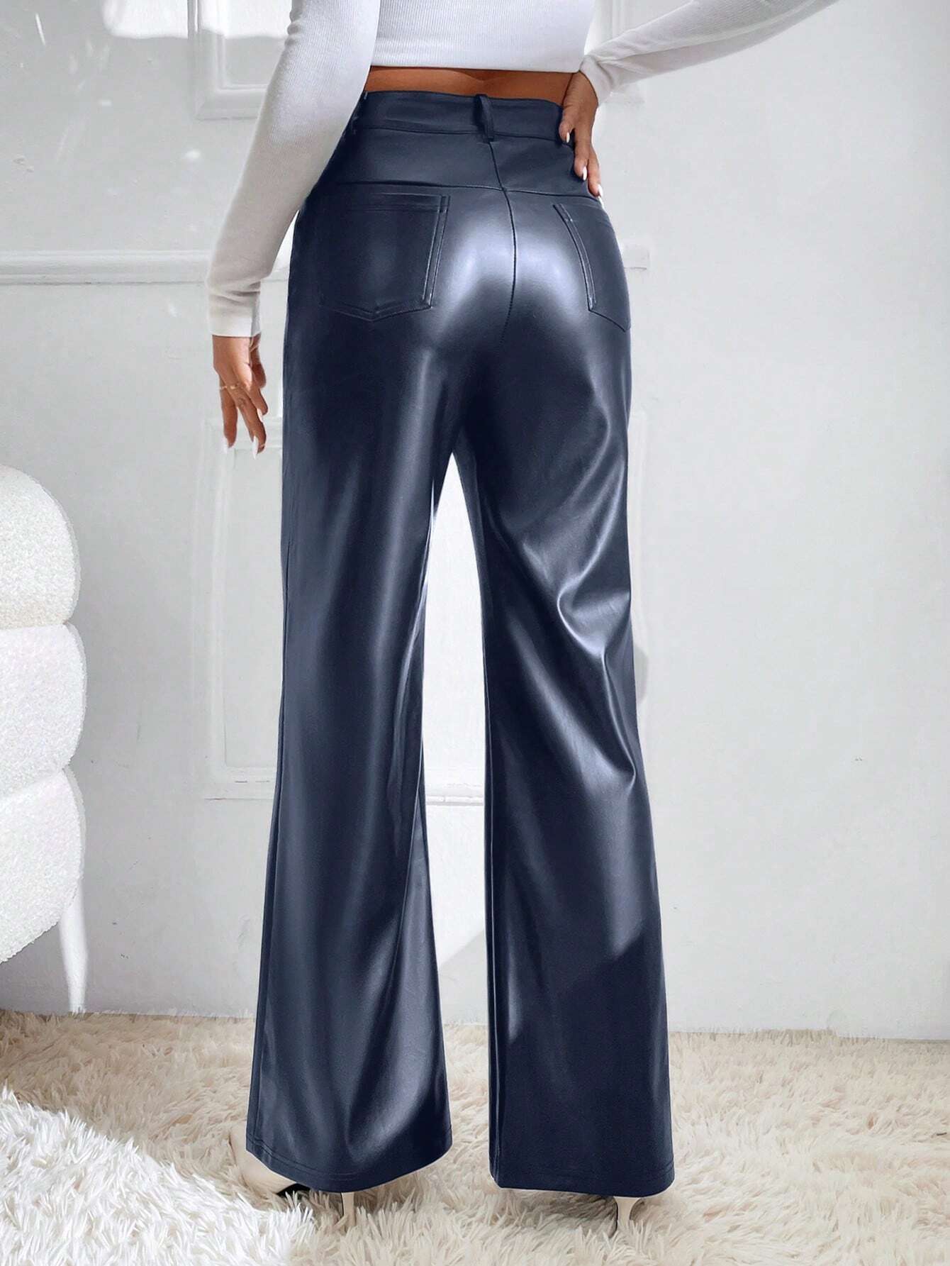 X Sanya Zipper Fly PU Flare Leg Dress Pants shein