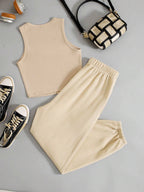 EZwear Ladies' Solid Color Vest And Letter Print Shorts Set shein