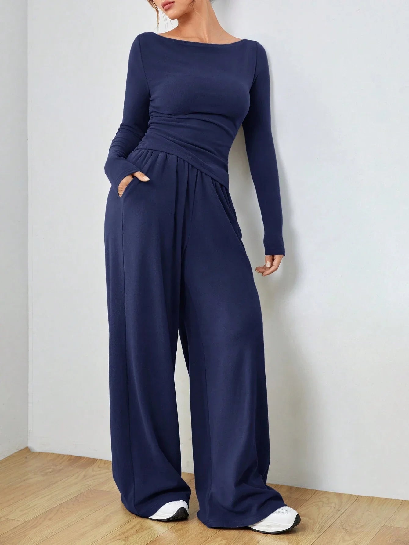 EZwear Knitted Women's Slim Fit Boat Neck Long Sleeve Top And Wide Leg Pants Set shein